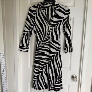 🧡Talbots Zebra Print Button-Front Belted Dress SP Black/White Stretch Knit NWT